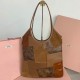 Miu Miu  Women's IVY Denim Tote Shoulder Bag Leather letter logo adds a unique classic style in Brown