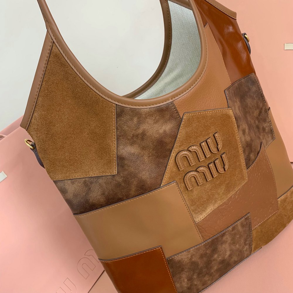 Miu Miu  Women's IVY Denim Tote Shoulder Bag Leather letter logo adds a unique classic style in Brown