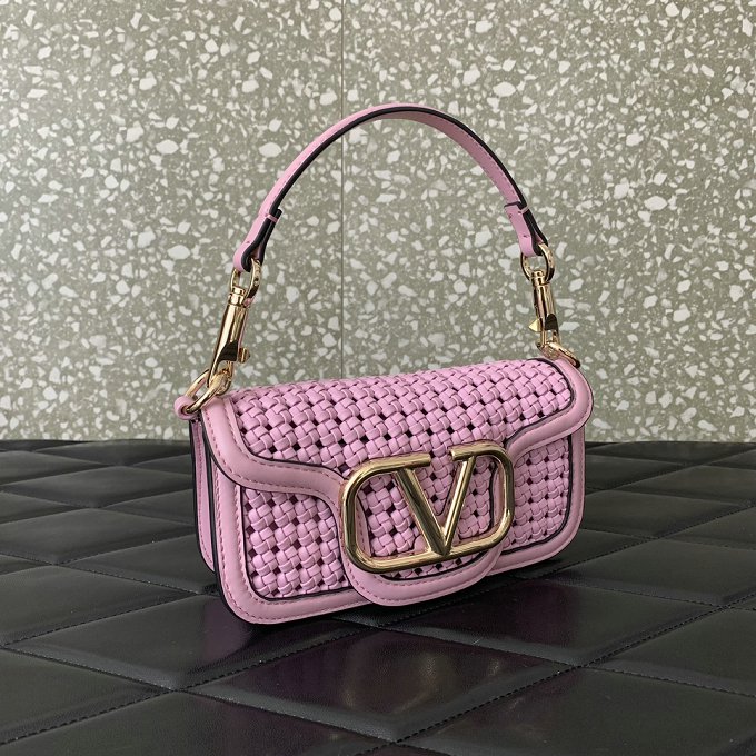 Valentino Garavani Loco V Logo Signature Women Shoulder Bag Real Leather Pink 