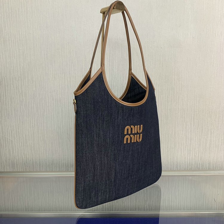 Miu Miu Women's IVY Denim Tote Shoulder Bag Leather letter logo adds a unique classic style 